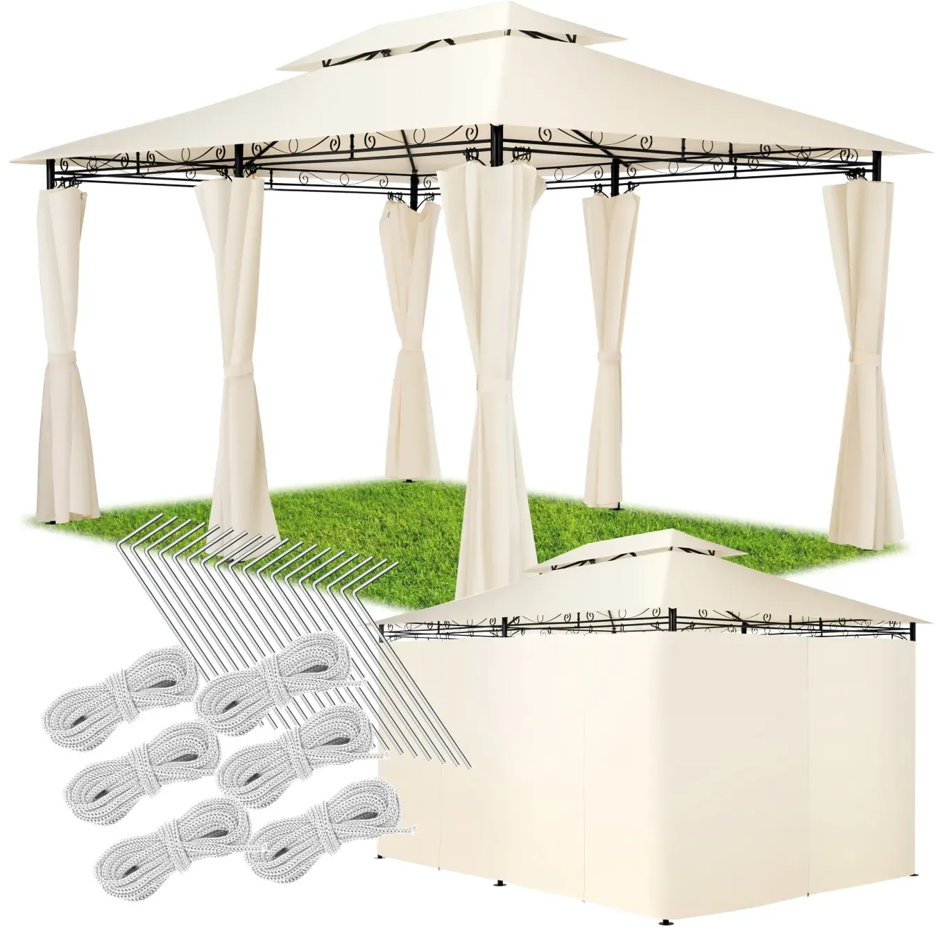 tectake® Gartenpavillon, 4 x 3 m, Doppeldachsystem, inklusive Spannseilen und Heringen