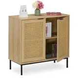 Relaxdays Sideboard, 2 Rattan-Türen, Metallbeine, HxBxT: 76x80x35 cm, Wohnzimmer, Flur, 2 Fächer, Kommode, Natur/schwarz