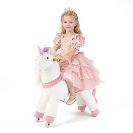 Vevor Reitpferd auf Rollen 99cm, 80kg Belastbares Stehpferd mit Soundfunktion, Spielpferd mit Erhöhtem Sitz Griffen & Pedalen, Weißes Einhorn mit Regenbogenmähne zum Reiten für Kinder Mädchen ab 6