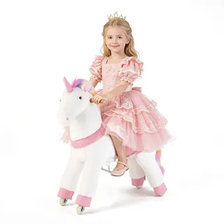 Vevor Reitpferd auf Rollen 99cm, 80kg Belastbares Stehpferd mit Soundfunktion, Spielpferd mit Erhöhtem Sitz Griffen & Pedalen, Weißes Einhorn mit Regenbogenmähne zum Reiten für Kinder Mädchen ab 6