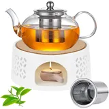 DASIAUTOEM Teekanne mit Stövchen, Glas Teekanne mit Keramischem Warmer Set