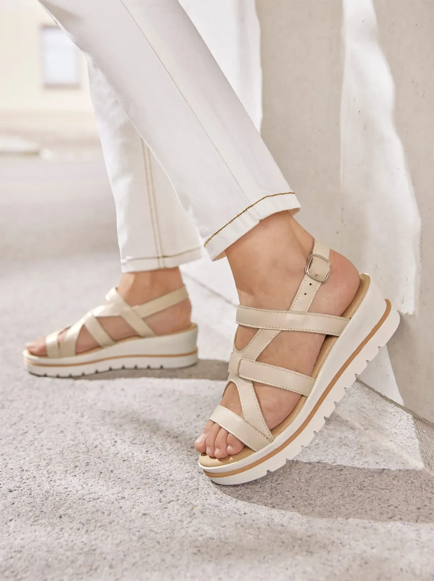 Sandalette HEINE, Damen, Gr. 38, creme, Leder, Rindsleder, Schuhe Sandalette