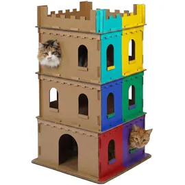 Relaxdays Katzenburg, 3 Etagen, Katzenschloss, Papphaus zum Bemalen, Stecksystem, HBT: 107,5x62x62 cm, Pappe, braun