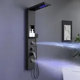 KINKIBOS LED Duschpaneel mit Armatur und Ablage Schwarz, 6 Funktionen Duschsäule Regen&Wasserfall Dusche, 2-Mode-Massagedüse, Handbrause und Wasserfall-Wanneneinlauf, Edelstahl