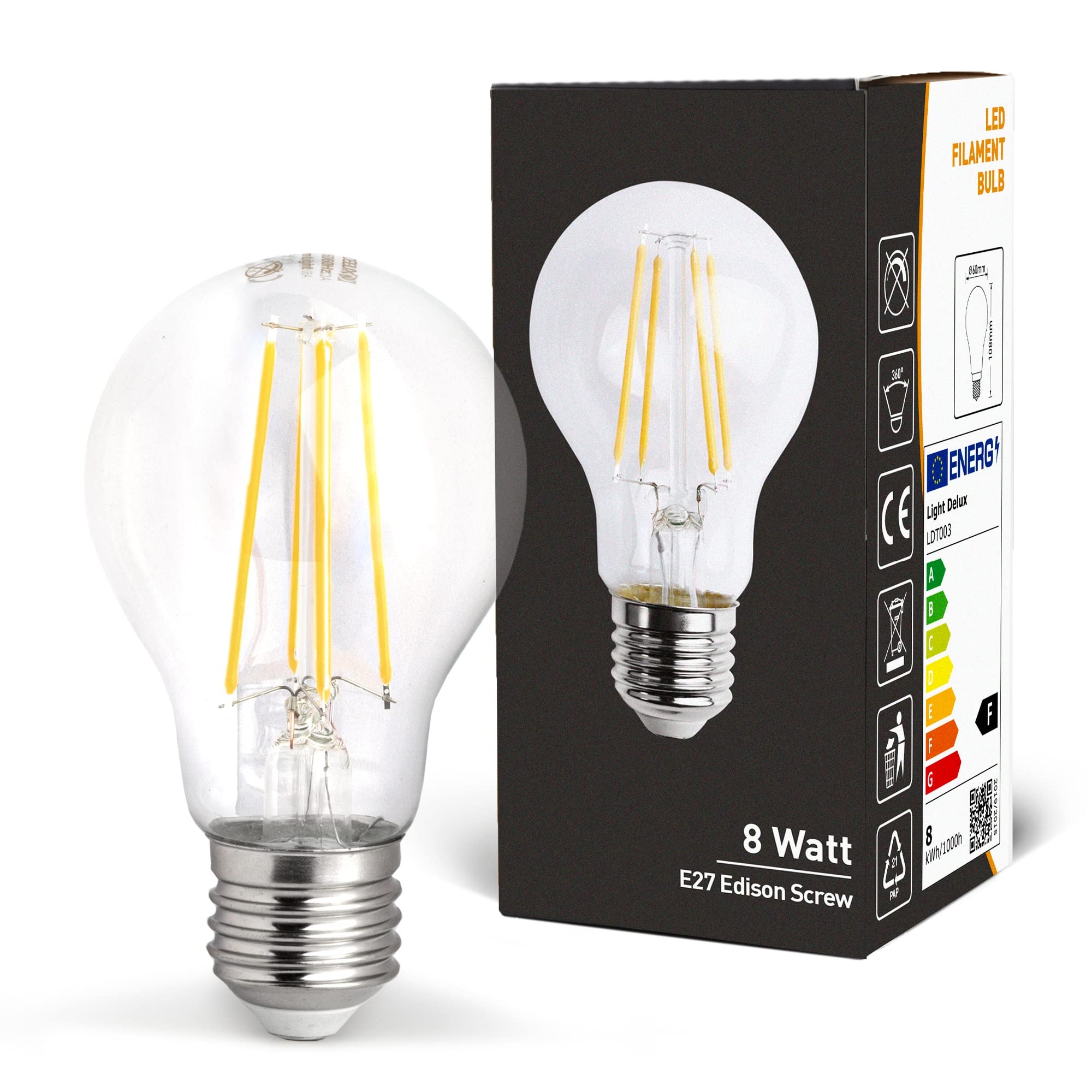 LIGHTDELUX LED-Leuchtmittel, Edison-Sockel E27, 8 W, nicht dimmbar, klares Filament, 6500 Kelvin, Kaltweiß, 6 Stück