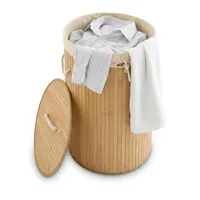 Relaxdays Wäschekorb Bambus, faltbare Wäschetonne mit Deckel, Volumen 70 l, Wäschesack Baumwolle, rund Ø 41 cm, natur