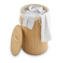 Relaxdays Wäschekorb Bambus, faltbare Wäschetonne mit Deckel, Volumen 70 l, Wäschesack Baumwolle, rund Ø 41 cm, natur