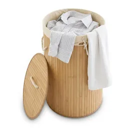 Relaxdays Wäschekorb Bambus, faltbare Wäschetonne mit Deckel, Volumen 70 l, Wäschesack Baumwolle, rund Ø 41 cm, natur