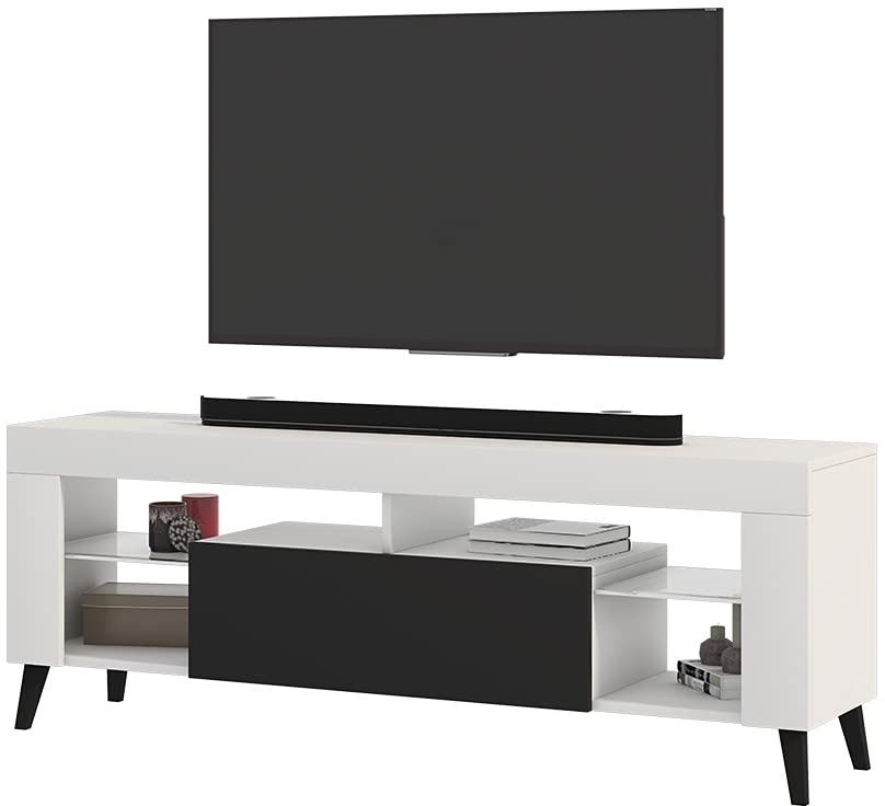 Selsey HugoB – TV-Lowboard, modernes TV-Sideboard mit Füßen und Glaseinlegeböden, 140 cm (Weiß Matt/Schwarz Glanz, ohne LED)