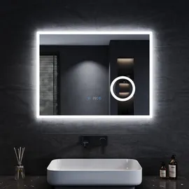 Sonni Badezimmerspiegel mit Beleuchtung 3 einstellbare Lichtfarbe, Anti-Beschlag Led Badspiegel Lichtspiegel Wandspiegel mit Touchschalter, Uhr, Temperatur, 120x60cm