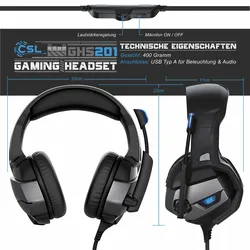 CSL USB Gaming Headset GHS - 201 mit Mikrofon Kopfhörer für Windows, Mac, PS3, PS4, PS4 Pro