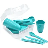 31-teiliges Picknick-Set, Picknickkorb und Mehrweggeschirr für 6 Personen, idealer Picknickkoffer für Camping, Strand, Wohnmobil, und Rucksackreisen (Türkis)