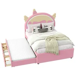 Merax 140*200cm Polsterbett, ausgestattet mit ausziehbares rollbett, PU-Material,Rosa