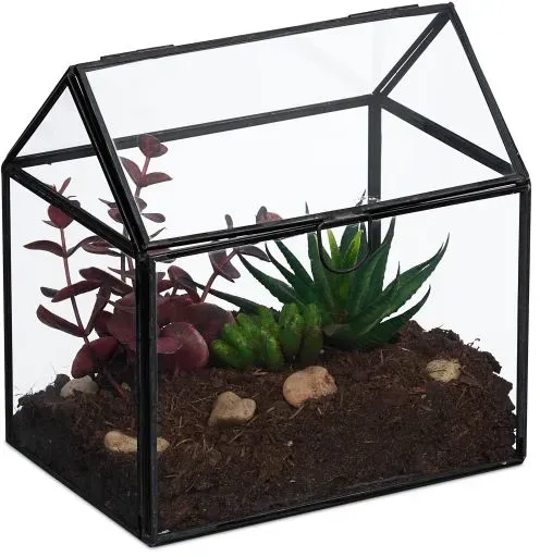 Relaxdays Pflanzenterrarium aus Glas Hausform Schwarz,Transparent