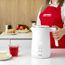 MPM MCZ-120 Wasserkocher 1,5L mit Doppelwand-Design, Temperaturregelung 40-100°C, Edelstahl-Innenbehälter, 2200W, Geräuscharm, Weiß