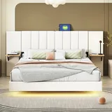 XDOVET Polsterbett mit Seitlichen Ablagen USB-Ladeanschluss und LED-Leiste Doppelbett Flachbett Verdecktes Fußteil Leinenstoff 160*200 cm Beige - Beige