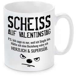 Herzbotschaft Tasse Kaffeebecher mit Motiv Scheiss auf Valentinstag P.S. Ich sage es nur, Keramik, Kaffeetasse spülmaschinenfest und mikrowellengeeignet