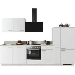 Küchenzeile KOCHSTATION "KS-Scafa, vormontiert, mit höhenverstellbaren Füßen", weiß (front: weiß, korpus: zementfarben hell, arbeitsplatte: zementfarben hell), B:310cm T:60cm, Komplettküchen-Sets, vormontiert, wahlweise mit E-Geräten, mit Soft-Close, Breite 310 cm