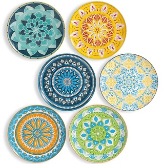AHX Speiseteller, Porzellan, mehrfarbig, große Keramikplatte, buntes Design, zum Abendessen, rund, 25 cm, spülmaschinengeeignet und mikrowellengeeignet, 6 Stück