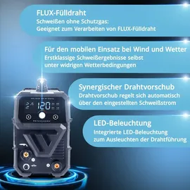 STAHLWERK Mini FLUX 120 ST Digital – Fülldrahtschweißen ohne Gas bis 120 A, kompakt, synergisch, LED-Licht, Lift-TIG- & MMA/ARC-... LIFT TIG Funktion
