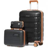 Joyway Kofferset 3 Teilig Hartschale mit 4 Rollen und TSA-Schloss Der Gepäcksets Enthält 1 Kosmetikkoffer und 1 Tragbare Tasche Schwarz/Braun