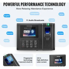 Vevor Stempeluhr Arbeitszeiterfassungsgerät für Mitarbeiter mit Fingerabdruck, RFID-Karten und PIN-Eingabe in einem, eigenständige biometrische Stempeluhr Check in Time Clock Wandmontage Schwarz