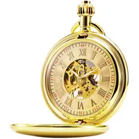 TREEWETO Unisex Taschenuhr mit Kette Analog Handaufzug Antik Skelett Römische Ziffern Gold