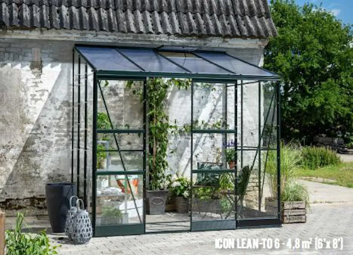 Halls Gewächshaus Icon Lean-To - 0,9 m2 / 1,3 m2 / 4,8 m2 / 7,3 m2 1,9 x 2,54 m - 4,8 m2 (Gr. 3) 3 mm Blankglas Grün