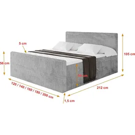 altdecor Boxspringbett mit Fußteil - TOLO-Z 160x200 Cord - Hellgrau - Komplett-Set mit Bonell-Federkernmatratze und Topper, Polsterbett mit H3 Mat... - Hellgrau