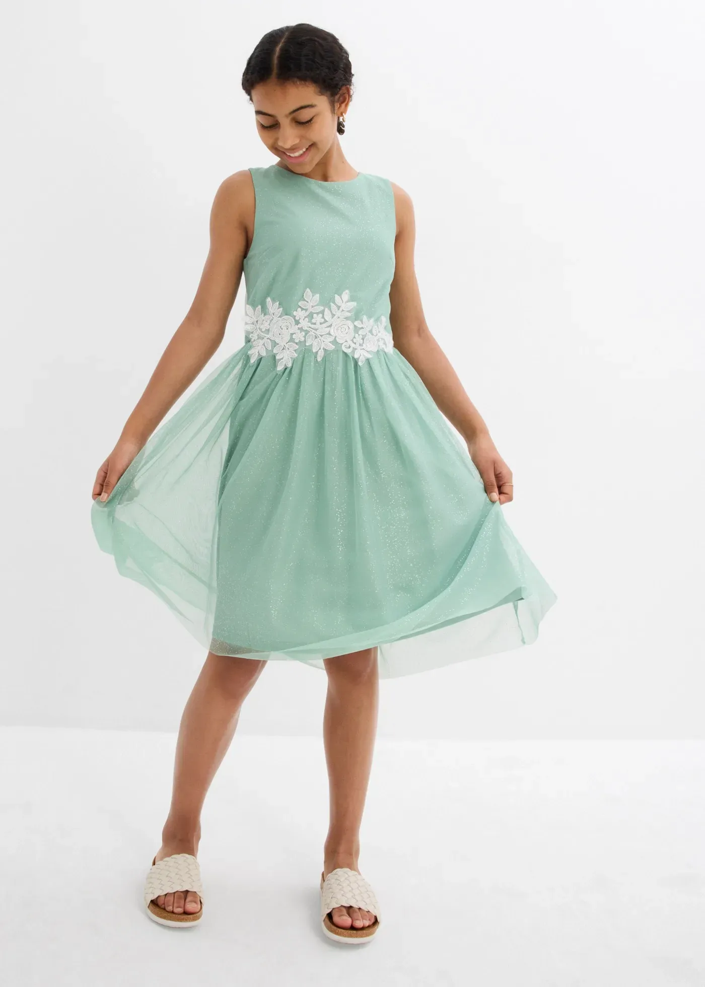 Midikleid BONPRIX, Mädchen, Gr. 164, N-Gr, grün (pastellgrün), Obermaterial: 100% Polyester. Futter: 100% Polyester, festlich, regular fit, Rundhals, Kleider Midikleid, festlicher Stil, aus Polyester, Regular Fit