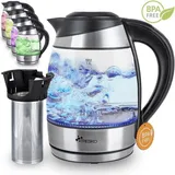 TRESKO TRESKO® 1,8L Edelstahl Glas Wasserkocher 2200W LED Glaswasserkocher Warmhaltefunktion