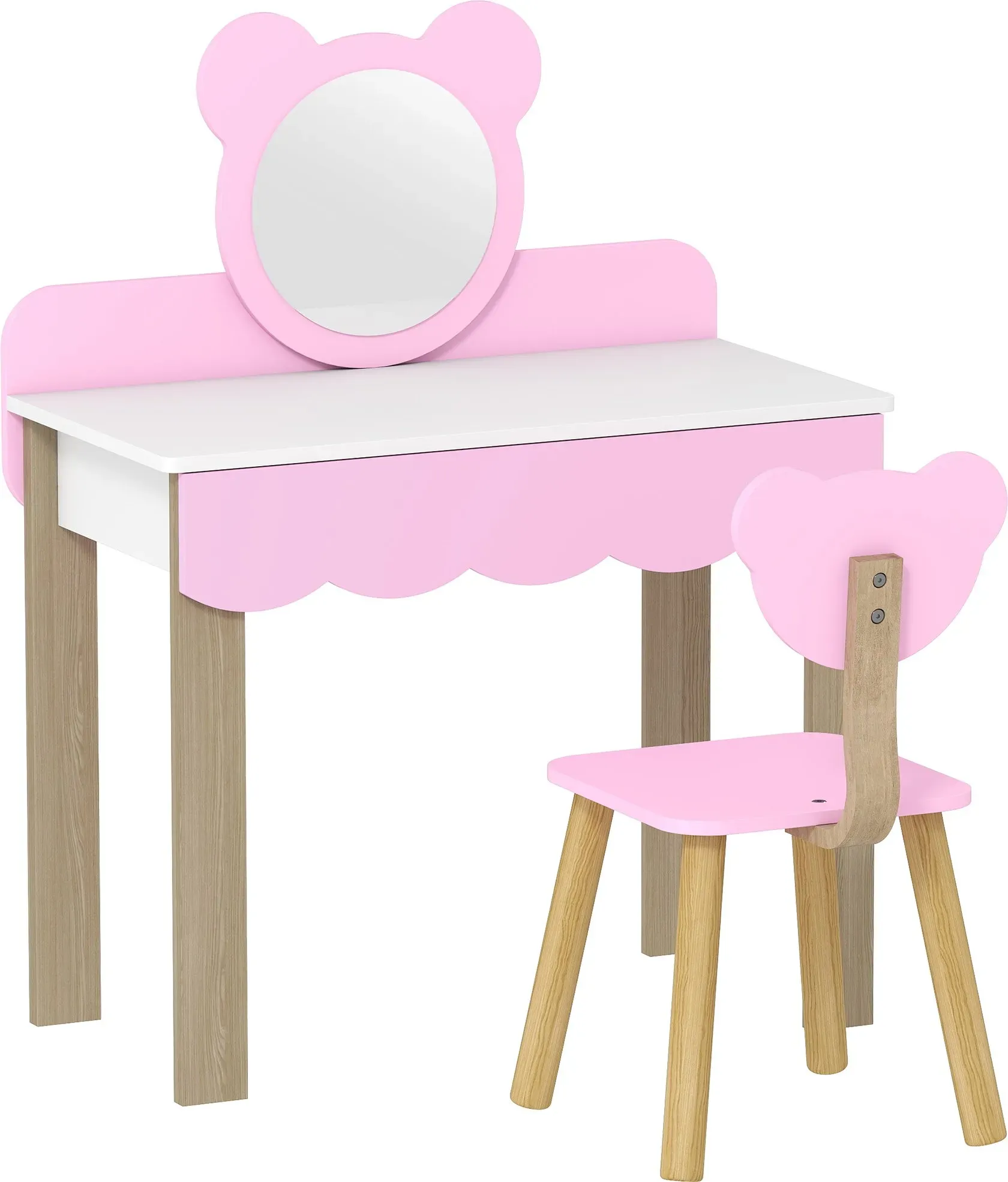 AIYAPLAY Kinder Schminktisch Set Frisiertisch mit Hocker Spiegel Schubladen Zubehör, Make-up Tisch Set im Bärendesign, Kinderschminktisch Prinzessin Kosmetiktisch für Mädchen 3-8 Jahre Rosa   Aosom