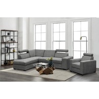 Beautysofa Polstergarnitur Roma, (modernes Set Eckgarnitur mit Sessel, Schlaffunktion, Bettkasten, verstellbare Kopfstützen), gepolstertes Ecksofa mit Sessel aus Bonnell-Federn für Wohnzimmer grau