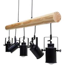 Mendler Pendelleuchte HWC-H83, Hängelampe Hängeleuchte, Industrial Vintage Massiv-Holz Metall schwarz ~ 5 Spotlampenschirme