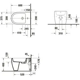 Duravit Stand Bidet Qatego 39x60cm, m Hahnl., ÜL, Hahnloch, we hgl