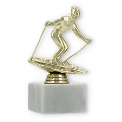 Pokal Kunststofffigur Ski Slalom gold auf weißem Marmorsockel 15,0cm