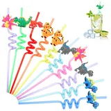 10 Stück Dinosaurier Strohhalm Kinder, Strohhalme Kindergeburtstag, Wiederverwendbare Lockige Party Trinkhalme, Bunte Party Trinkhalme für Saft,Cocktails,Dekorationen für Kindergeburtstagsfeiern