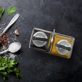 Relaxdays Menage-Set Essig und Ölspender 300 ml Glasflaschen im Gestell schwarz/silber/transparent