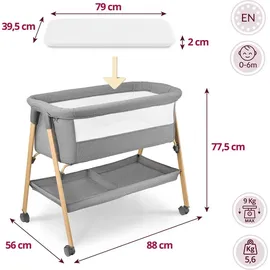 Moby-System Babybett freistehend & faltbar mit Matratze und Rollen – Moby-System Mili grau, 0–6 Monate,
