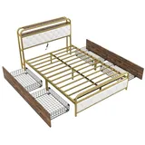 DOPWii Bettgestell 140*200cm Flachbett,Eisenrahmenbett,Nachttischlampe,Metallbett, Ausgestattet mit USB-Steckdose,Nachttisch mit Drahtschubladen