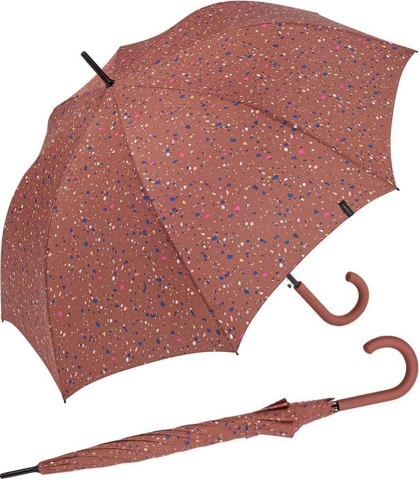 Esprit Langregenschirm Damen Auf-Automatik - Terrazzo Dots - terra, groß, stabil, mit verspieltem Sternenmuster bunt