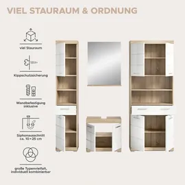 WELLTIME Badmöbel-Set "Siena, 4 teilig, bestehend aus:", weiß (eiche sonoma hell nb, weiß hochglanz mdf tz), B:186cm H:191cm T:34cm, Holzwerkstoff, MDF, Kastenmöbel-Sets, Badmöbel-Set, Hochschrank, Waschbeckenunterschrank, Badspiegel, Hochschrank breit