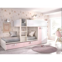 Etagenbett mit Kleiderschrank - 2x 90 x 190 cm - Weiß, Naturfarben & Rosa - JUANITO