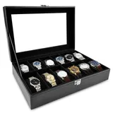 Rseuphiee Uhrenbox mit 12 Fächern, Uhrenkasten mit Glasdeckel, Uhrenkoffer, Herausnehmbare Uhrenkissen, Uhrenbox Herren, Uhrenschatulle für Schmuck, Ringe, Armbänder und Halsketten, Schwarz