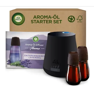 Air Wick Aroma-Öl Flakon Starter Set - Air Wick Diffuser mit 2 Nachfüllern - Blumiger Raumduft mit ätherischen Ölen - Duft: Entspannender Lavendel - 2 x 20 ml Öl + Gerät in Schwarz