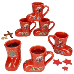 6x Glühweinstiefel rot Weihnachts-Motiv 200ml geeicht Keramik Glühwein-Becher