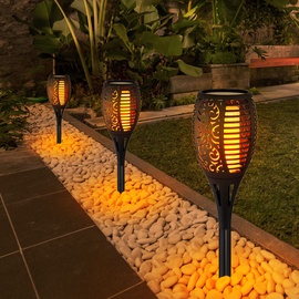 ETC Shop 9x Gartenfackel Solar 97,5 cm Garten Deko Solarlampen für Außen Flammenlicht, Feuereffekt, Kunststoff schwarz, 54x LED gelbe Lichtfarbe, DxH 12x97,5 cm, 9er Set