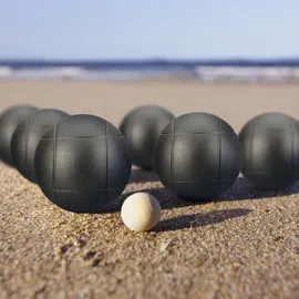 Relaxdays Boule Kugeln, Set mit Zielkugel & Abstandsmesser, Tragetasche, Boccia Spiel, Stahl, schwarz