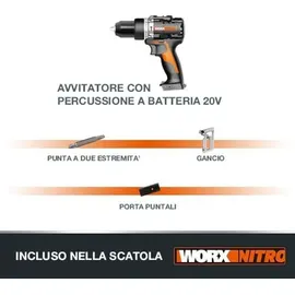 Worx Nitro 18 V (20 V MAX) Akku-Schlagbohrmaschine, PowerShare, bürstenloser Motor, 60 Nm, 13 mm Spannfutter, variable Drehzahlregelung, LED-Licht...