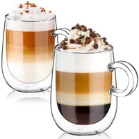 glastal 350ml*2 Doppelwandige Cappuccintassen Latte Macchiato Gläser Kaffeegläser Teegläser mit Henkel Borosilikatglas Kaffeetassen Glas Set Doppelwandgläser Kaffeebecher